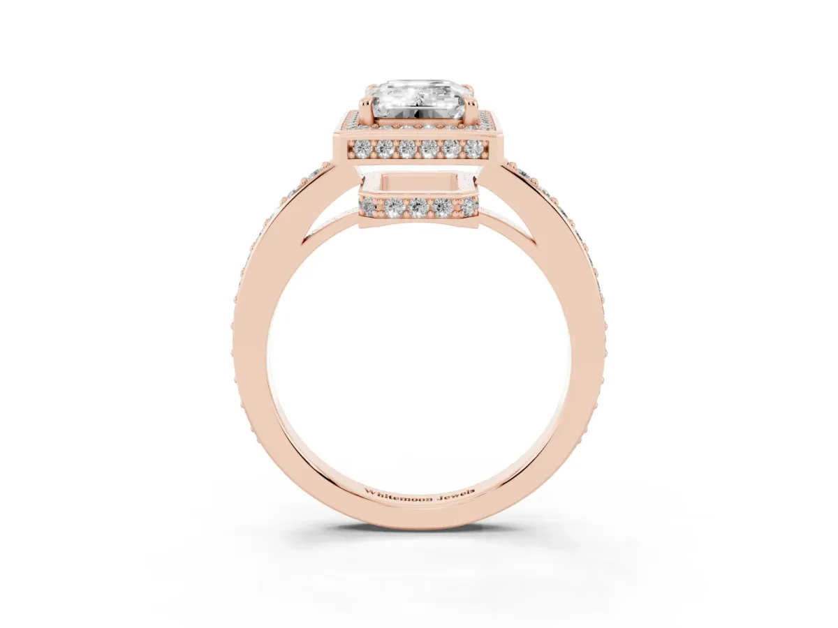 Emerald Cut Halo Pave Band Solitaire Ring with Prong Setting Rose gold
