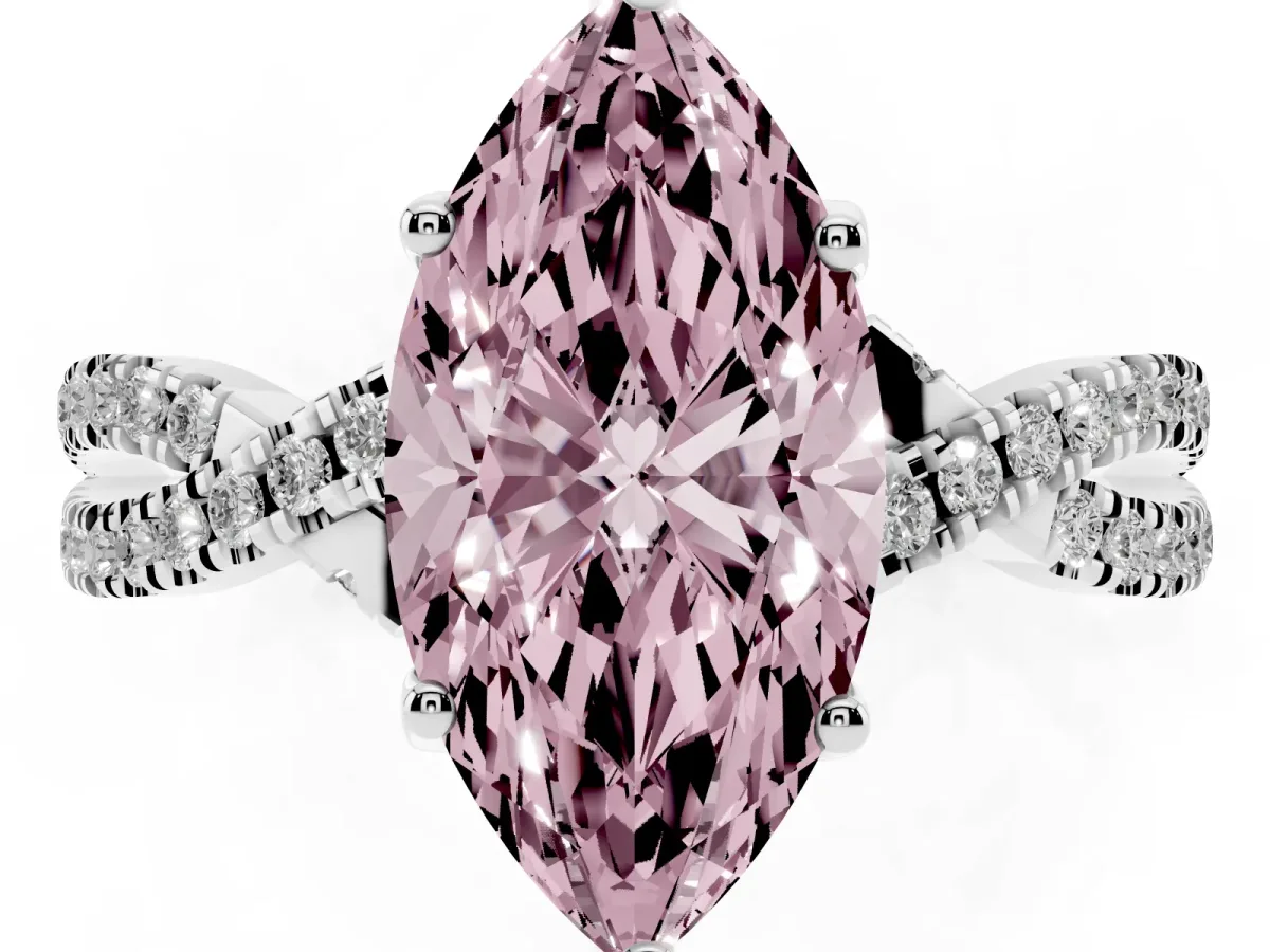 Fancy Pink Marquise Cut Solitaire Twist Pave Diamond Engagement Ring with Prong Setting Silver