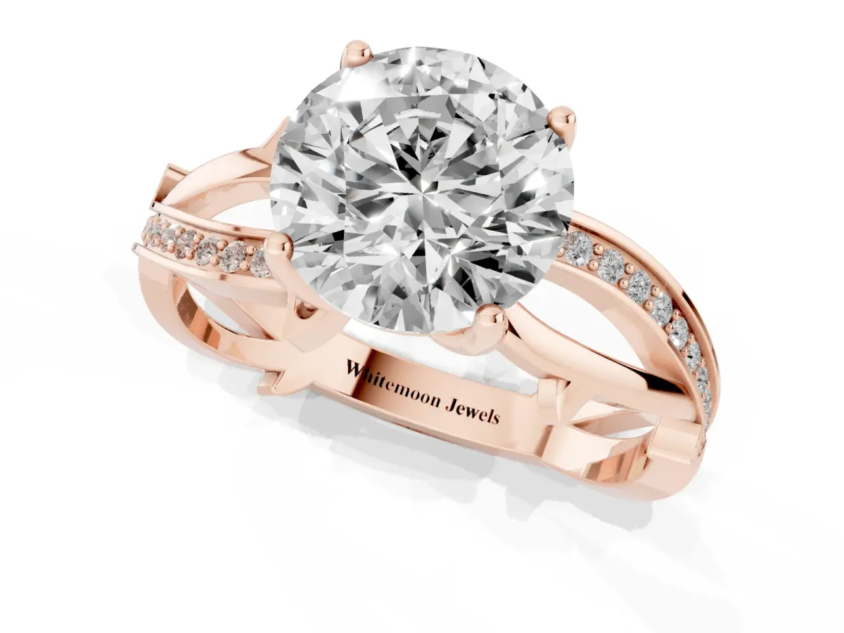 Round Cut Solitaire Twist Band with Pavé Accents and Four-Prong Setting Rose gold