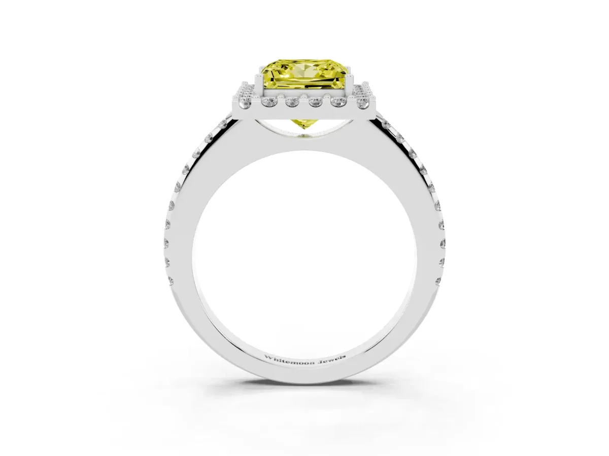 Fancy Yellow Princess Cut Diamond Pavé Halo Ring with Four-Prong Setting Silver
