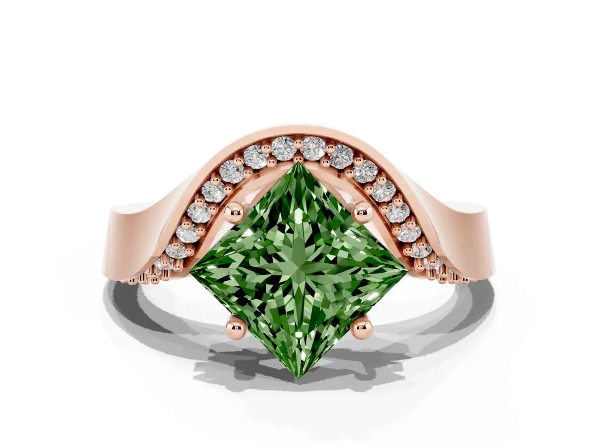 Fancy Green Princess Cut Solitaire Diamond Engagement Ring with Pave Band and Four-Prong Setting Rose gold