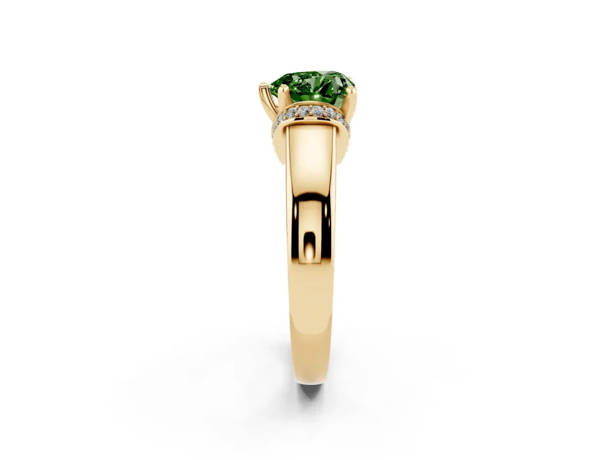 Fancy Green Heart Cut Solitaire Diamond Ring with Pave Band and Six-Prong Setting Yellow gold