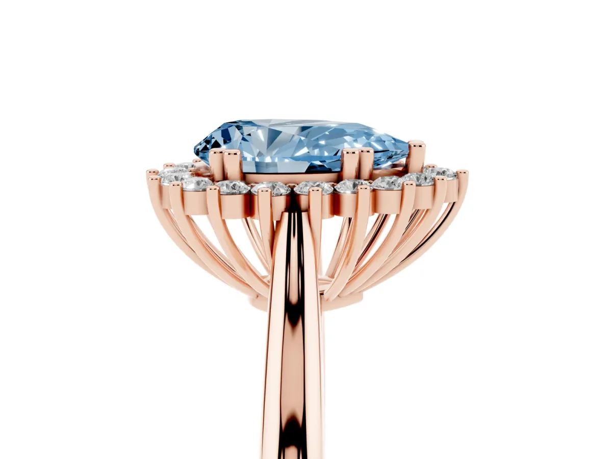 Fancy Blue Pear Cut Cut Diamond Halo Ring with Solitaire Band and Prong Setting Rose gold