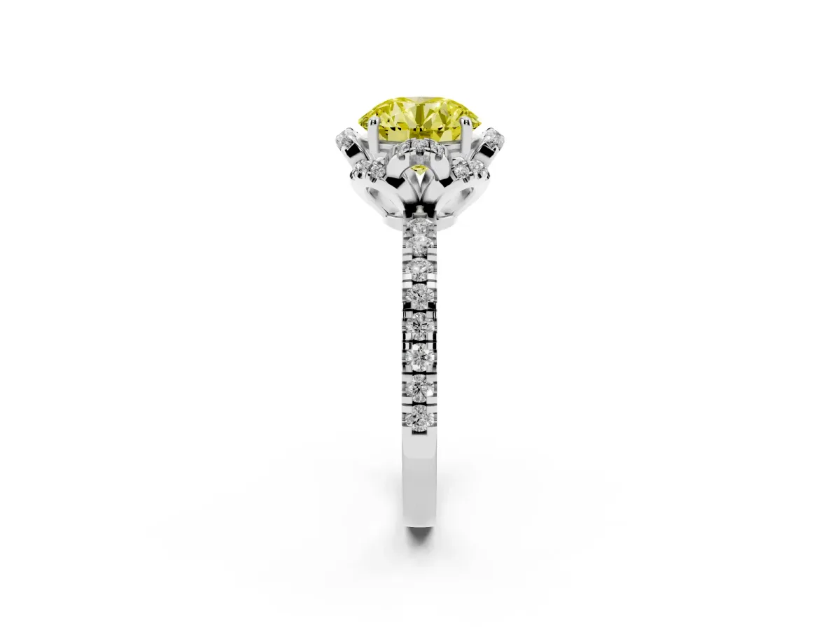 Fancy Yellow Round Cut Halo Diamond Pave Band Ring with Four-Prong Setting Silver