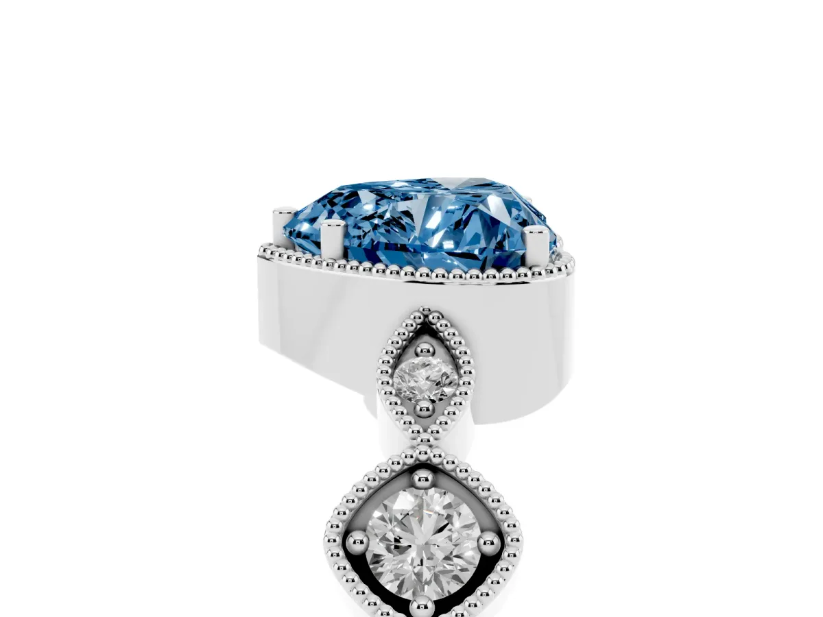 Fancy Blue Heart Cut Diamond Vintage Milgrain Ring with Round Stations Silver
