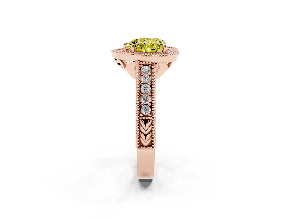 Fancy Yellow Heart Cut Cut Halo Diamond Ring with Pavé Band and Four-Prong Setting Rose gold