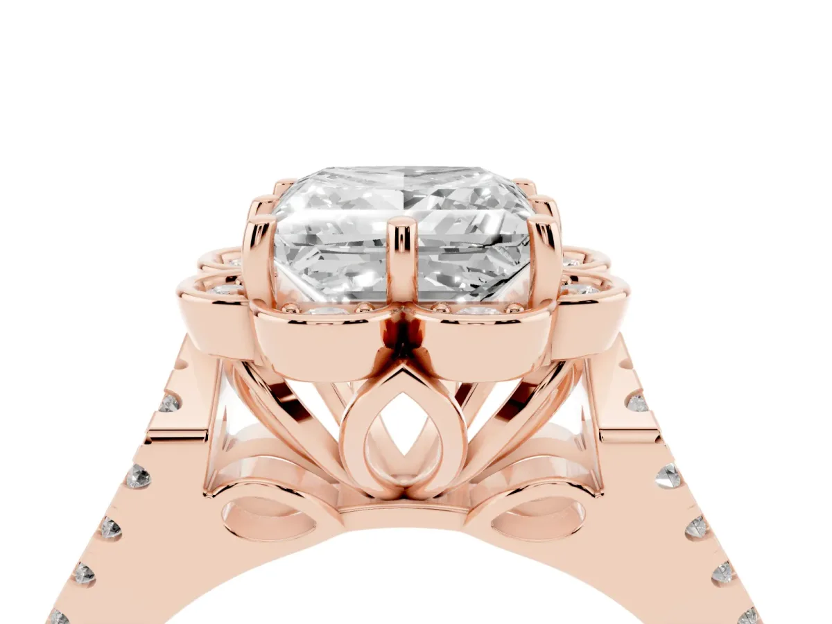 Princess Cut Halo Diamond Floral Split Shank Engagement Ring Rose gold