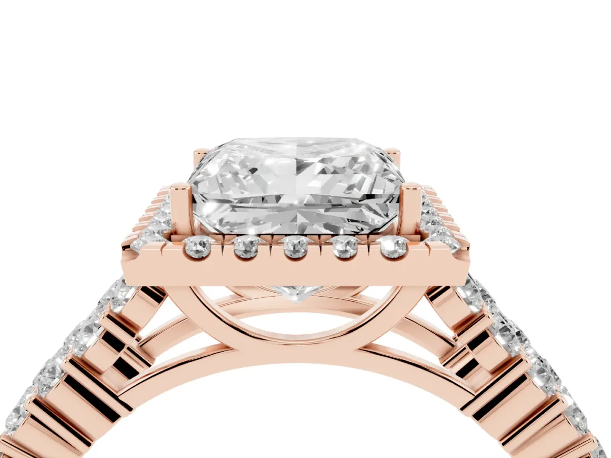 Princess Cut Diamond Halo Engagement Ring with Triple Row Round Pavé Band and Prong Setting Rose gold