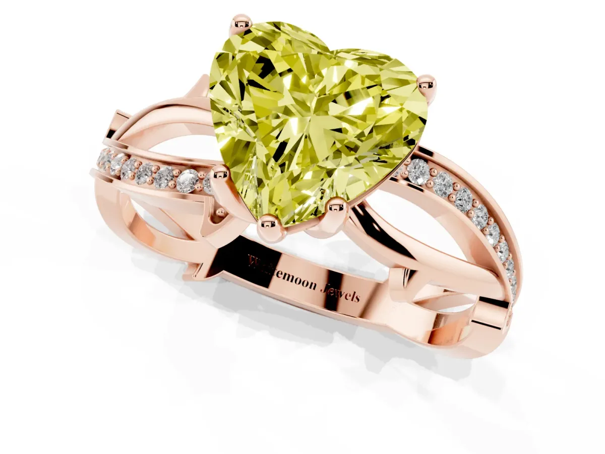 Fancy Yellow Heart Cut Solitaire Twist Band with Pavé Accents and Four-Prong Setting Rose gold