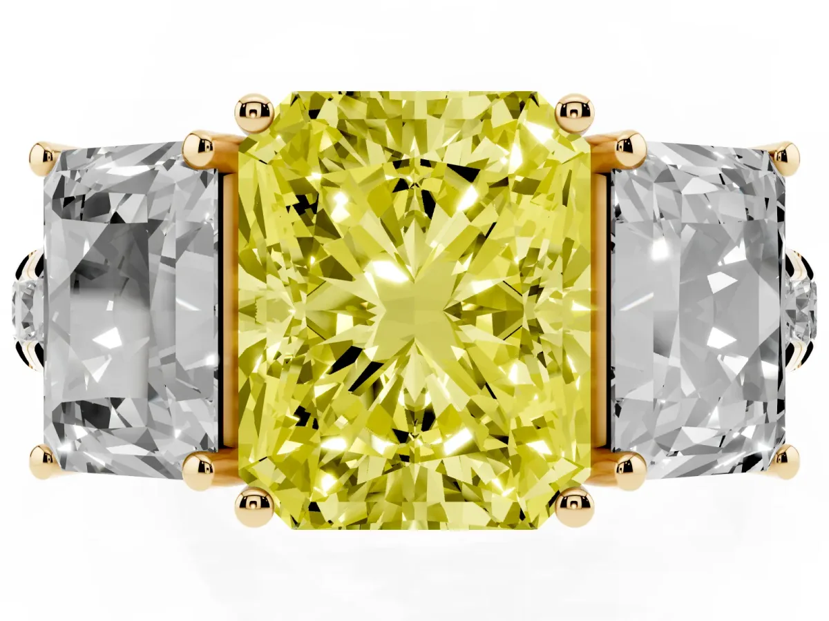 Fancy Yellow Three-Stone Radiant Cut Diamond Pavé Band with Prong Setting Yellow gold