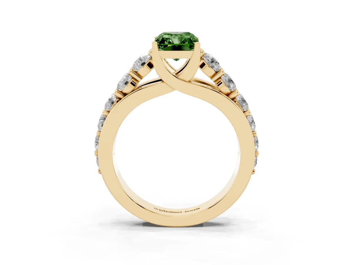 Fancy Green Radiant Cut Diamond Engagement Ring with Pavé Band and Four-Prong Setting Yellow gold
