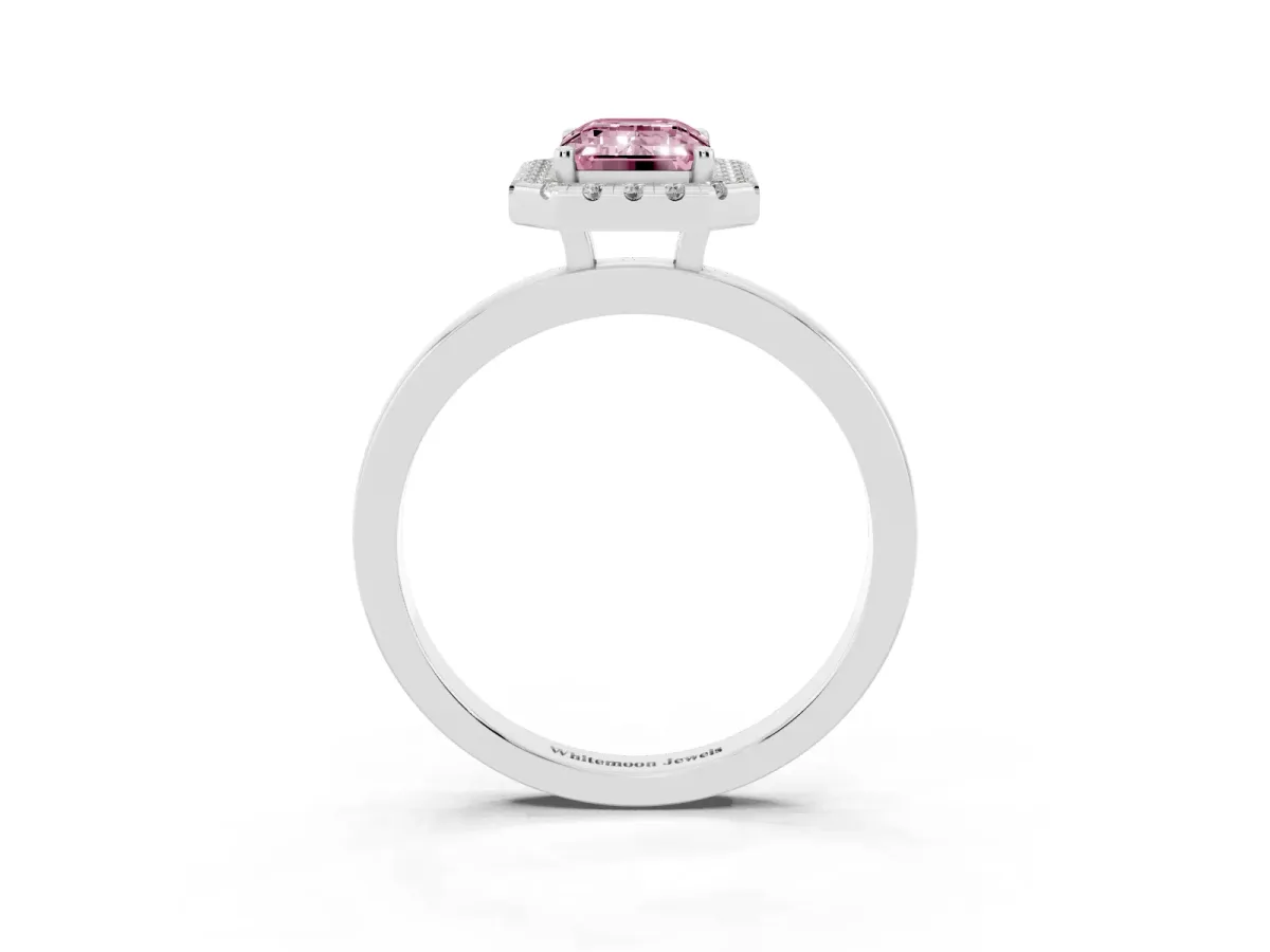 Fancy Pink Emerald Cut Halo Diamond Solitaire with Pavé Band and Four-Prong Setting Silver