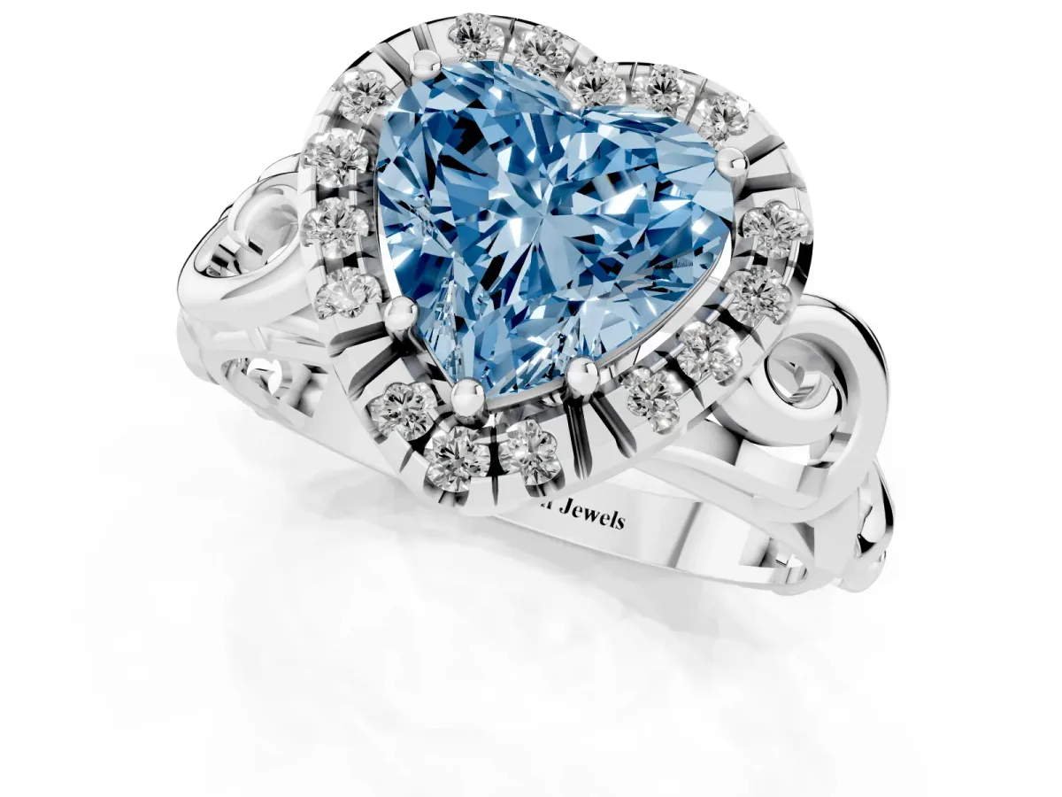 Fancy Blue Heart Cut Cut Halo Diamond Ring with Scrollwork Band and Four-Prong Setting Platinum