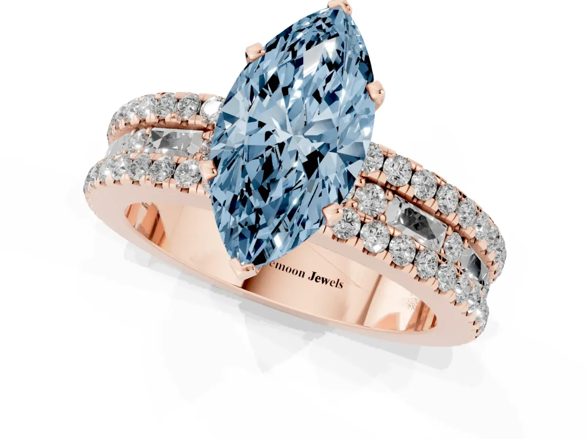 Fancy Blue Marquise Cut Diamond Solitaire Ring with Pavé and Channel Set Band Rose gold