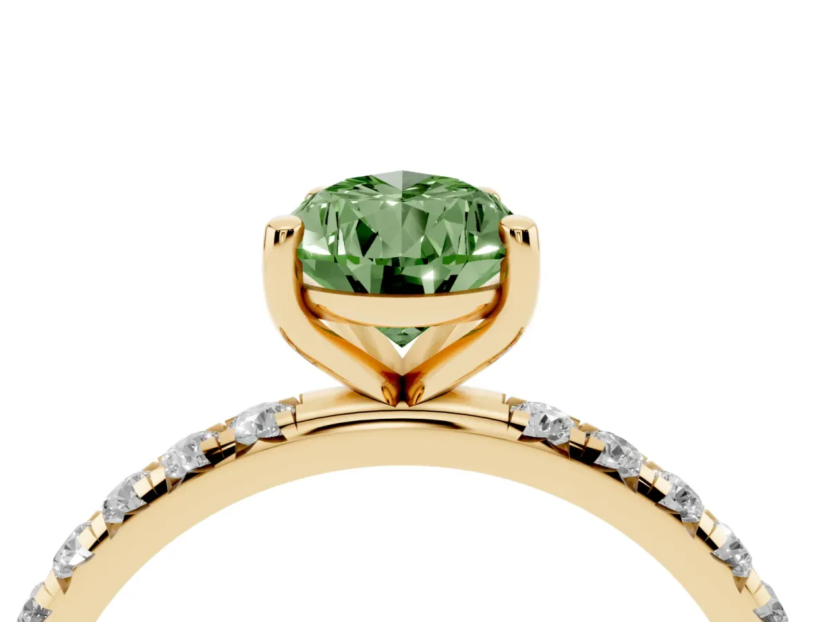 Fancy Green Pear Cut Cut Diamond Solitaire Ring with Micro Pave Band and Four Prong Setting Yellow gold