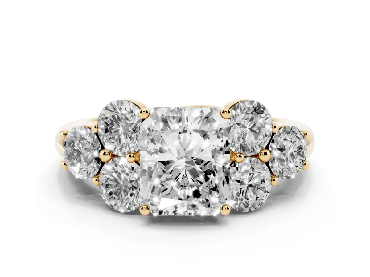 Radiant Cut Cut Diamond Cluster Ring with Round Accent Stones and Prong Setting on a Classic Band Yellow gold