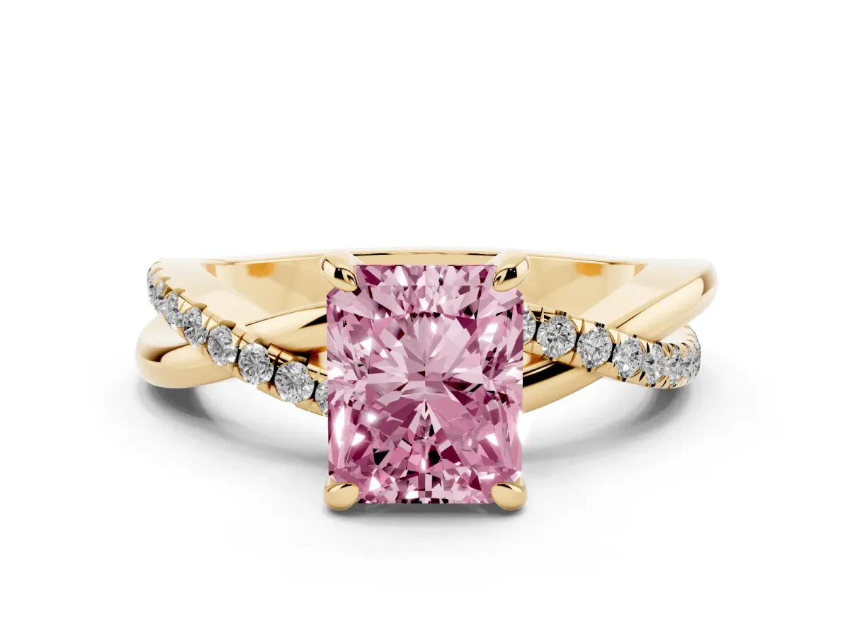 Fancy Pink Radiant Cut Cut Diamond Twist Band Solitaire with Prong Setting Yellow gold