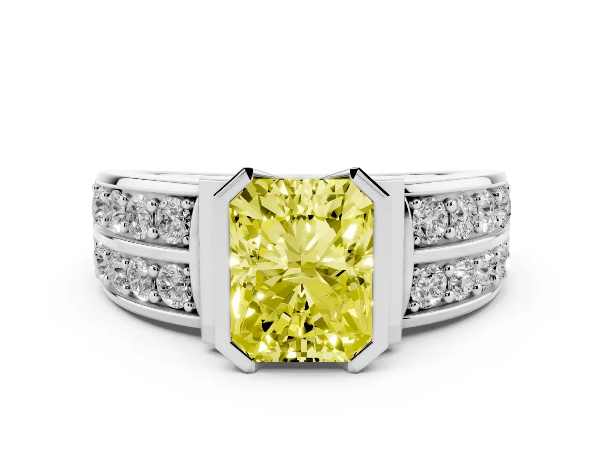 Fancy Yellow Radiant Cut Brilliant Diamond Channel Set Wide Band Ring with Bezel Setting Silver