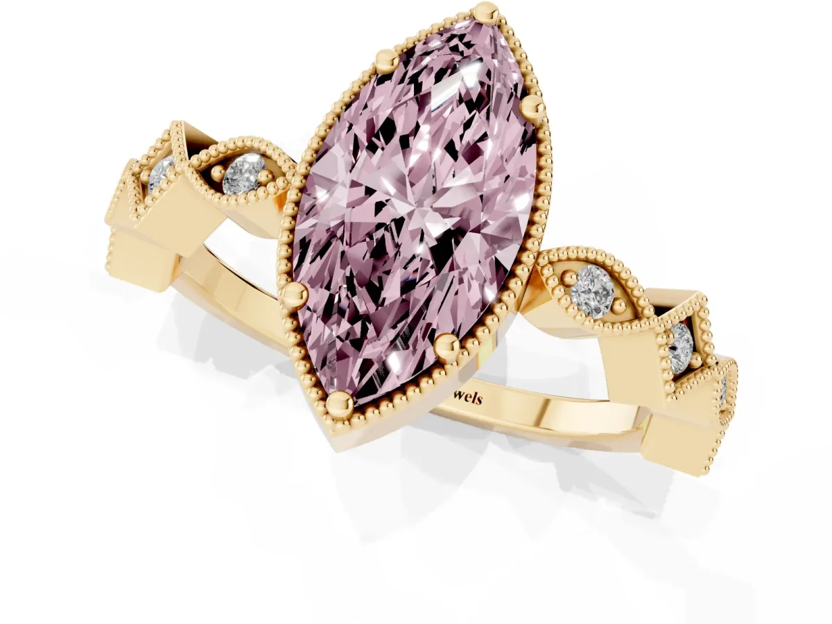 Fancy Pink Marquise Cut Milgrain Marquise Diamond Twist Band Ring Yellow gold