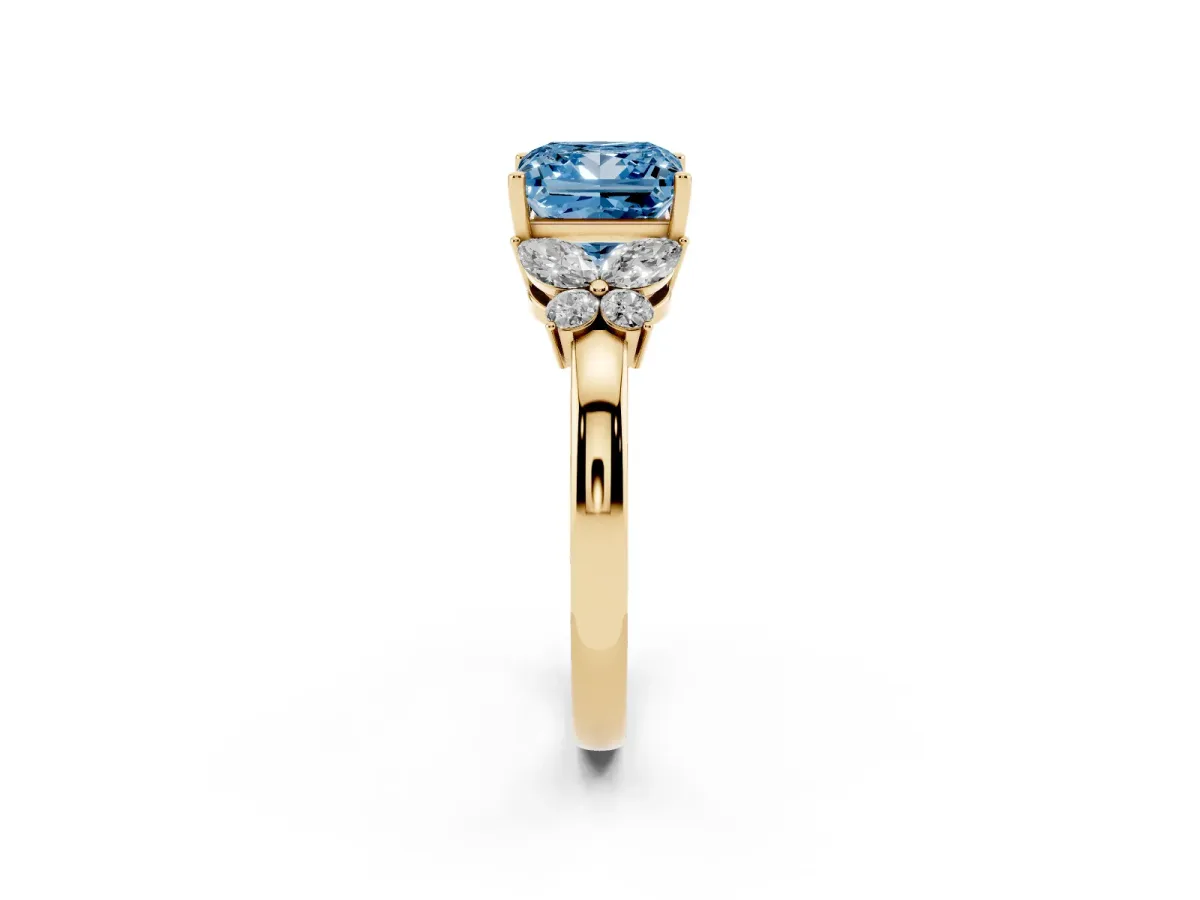 Fancy Blue Princess Cut Cut Solitaire Floral Diamond Ring with Four-Prong Setting Yellow gold