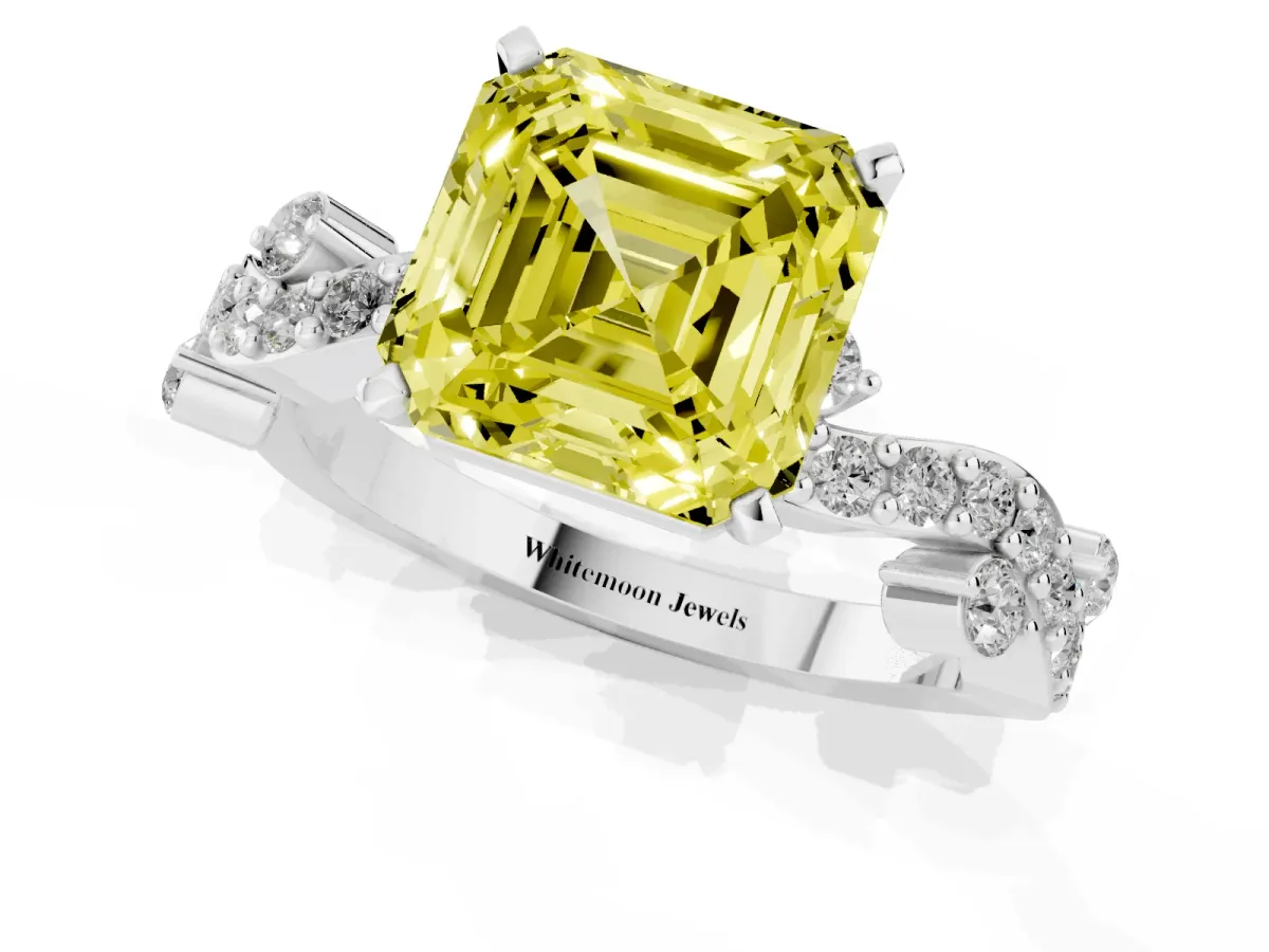 Fancy Yellow Asscher Cut Cut Solitaire Diamond Twisted Band with Pave Setting Silver