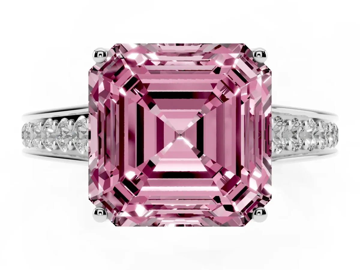 Fancy Pink Asscher Cut Brilliant Cut Diamond Engagement Ring with Pavé Band and Four-Prong Setting Silver