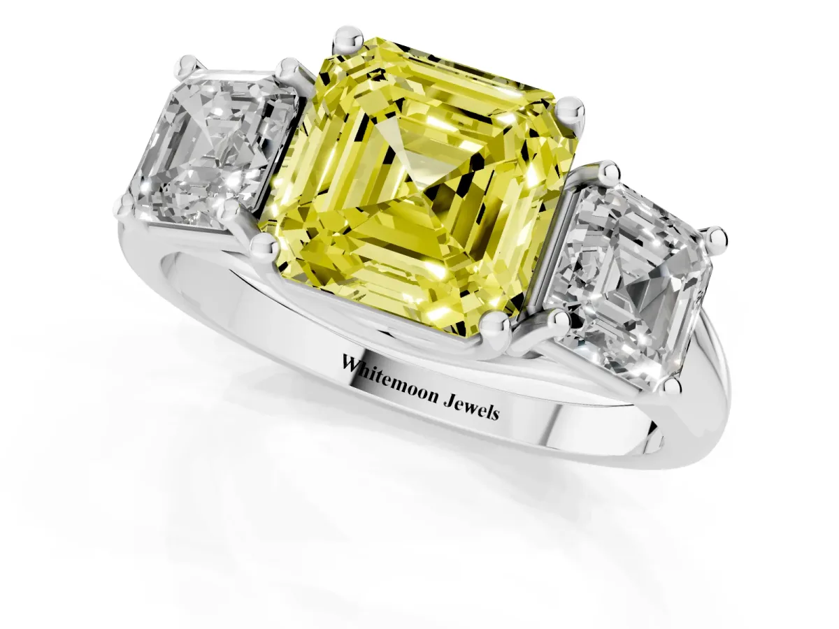Fancy Yellow Three-Stone Asscher Cut Diamond Engagement Ring with Prong Setting Silver