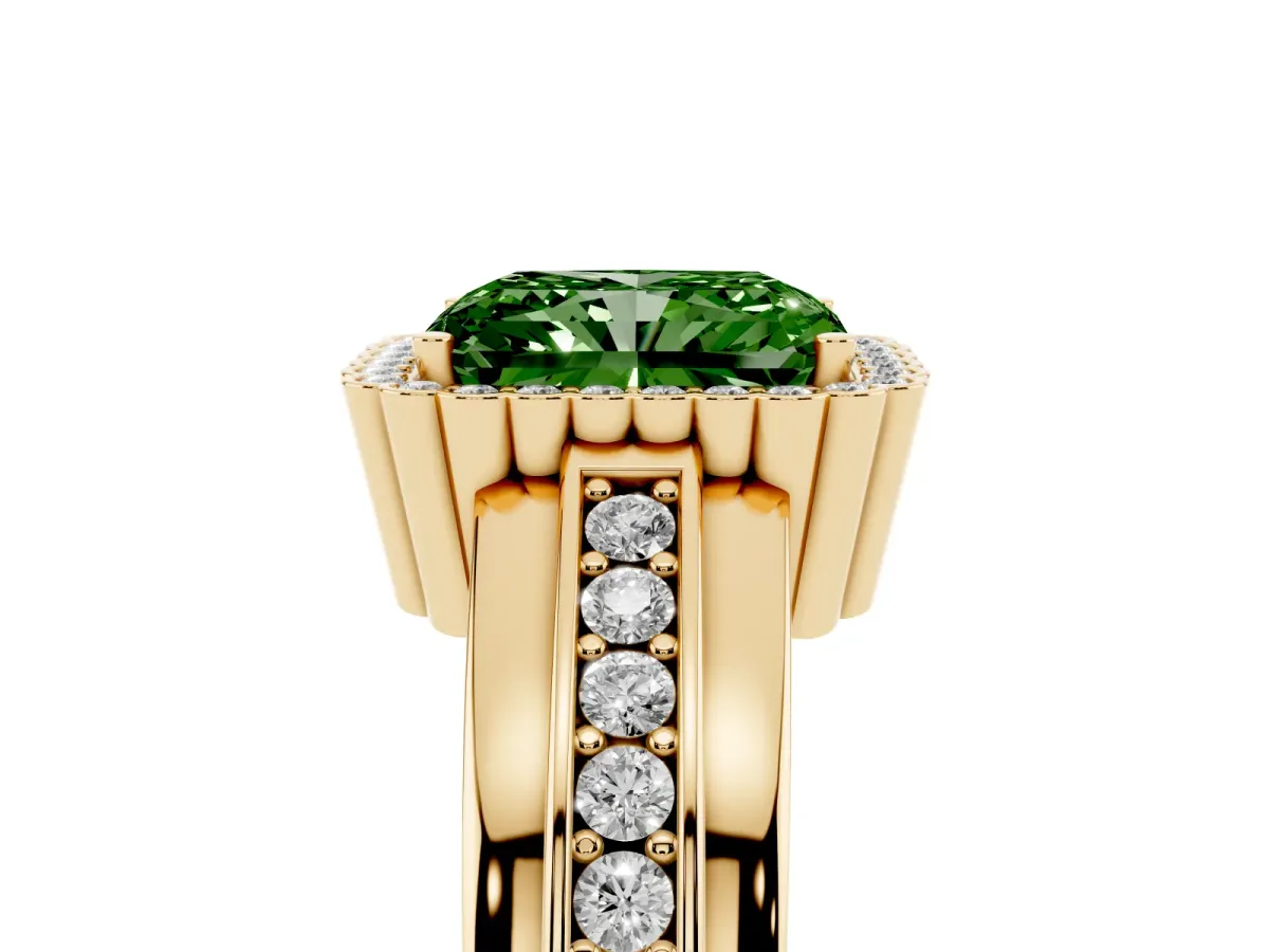 Fancy Green Radiant Cut Cut Halo Pave Band Four-Prong Ring Yellow gold