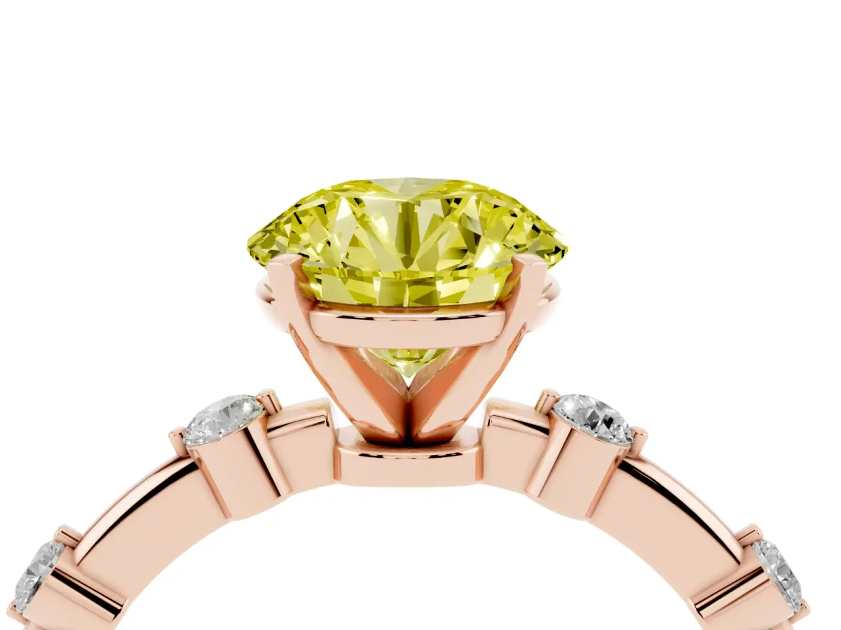 Fancy Yellow Round Cut Solitaire Diamond Ring with Bezel Set Side Stones and Prong Setting Rose gold