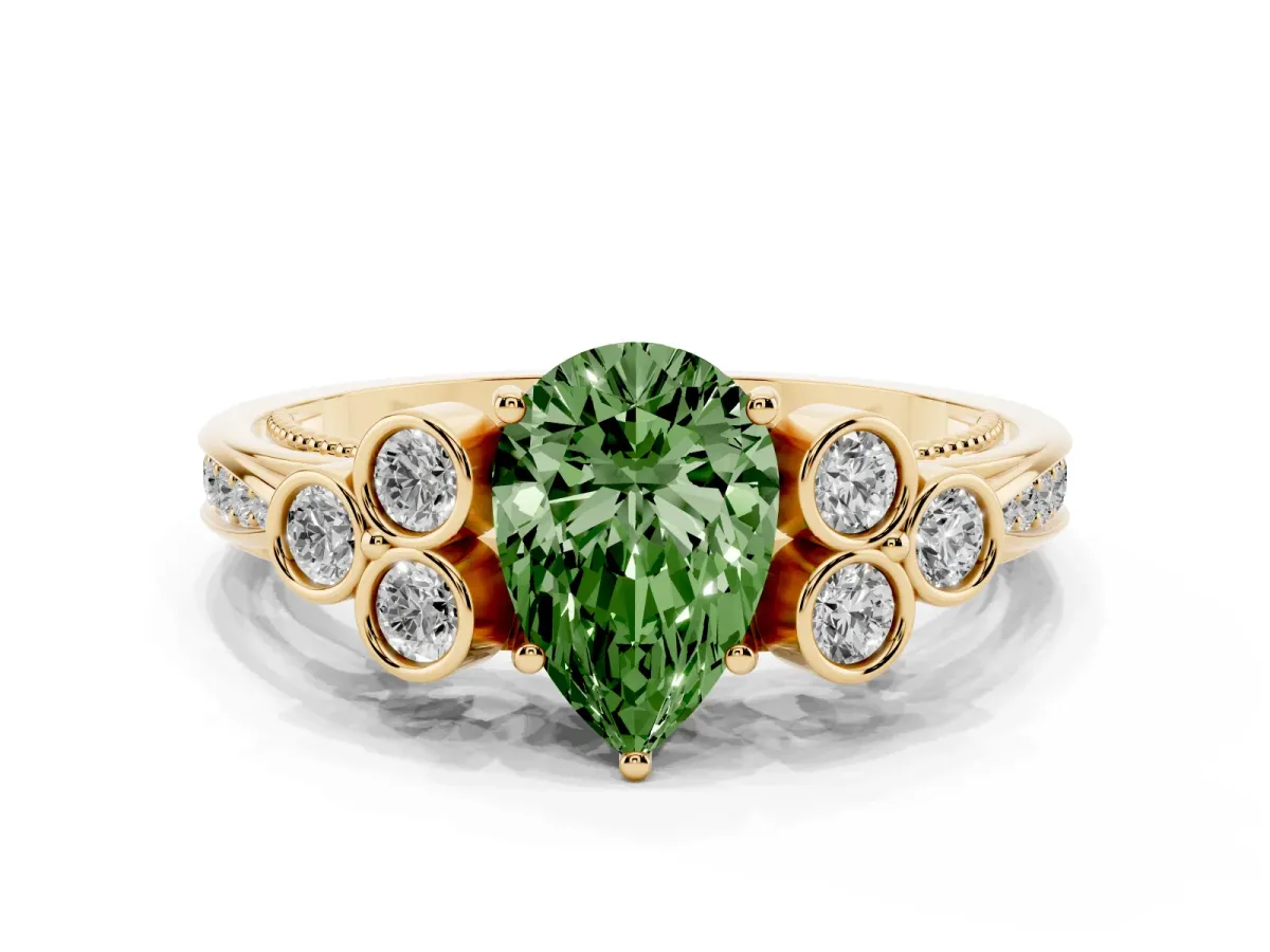 Fancy Green Pear Cut Cut Diamond Engagement Ring with Bezel Set Round Side Stones and Prong Setting Yellow gold