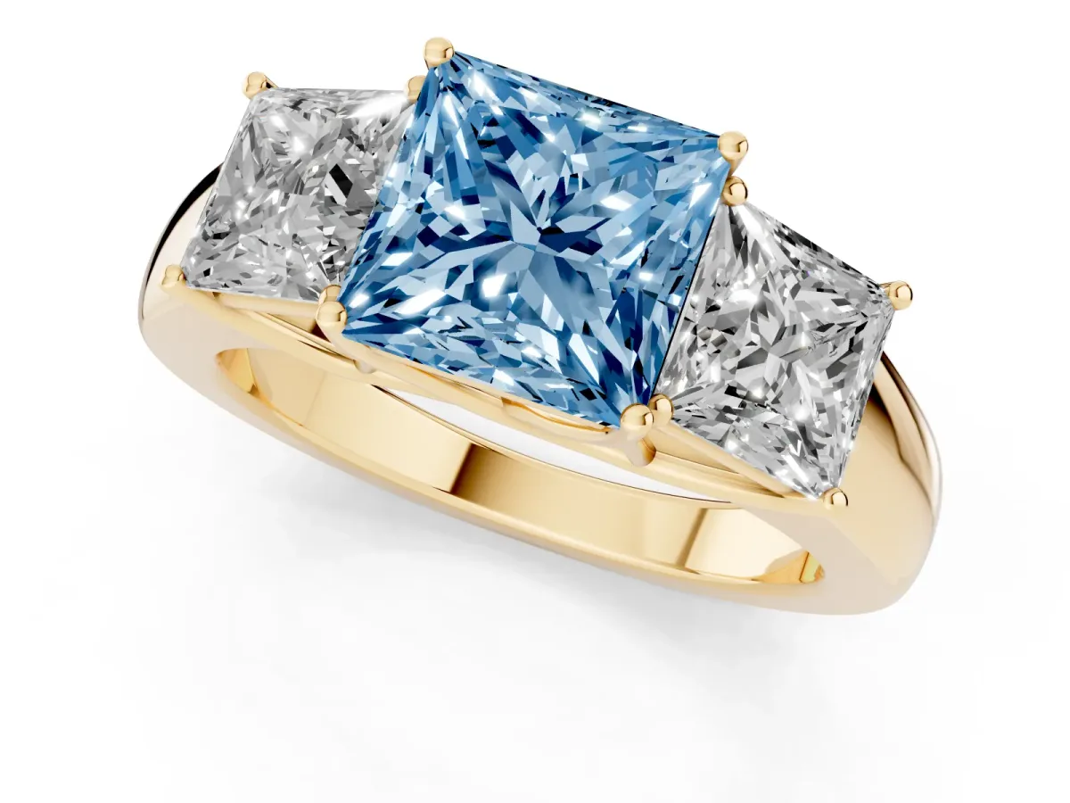 Fancy Blue Three-Stone Princess Cut Cut Diamond Ring with Prong Setting and Classic Band Yellow gold