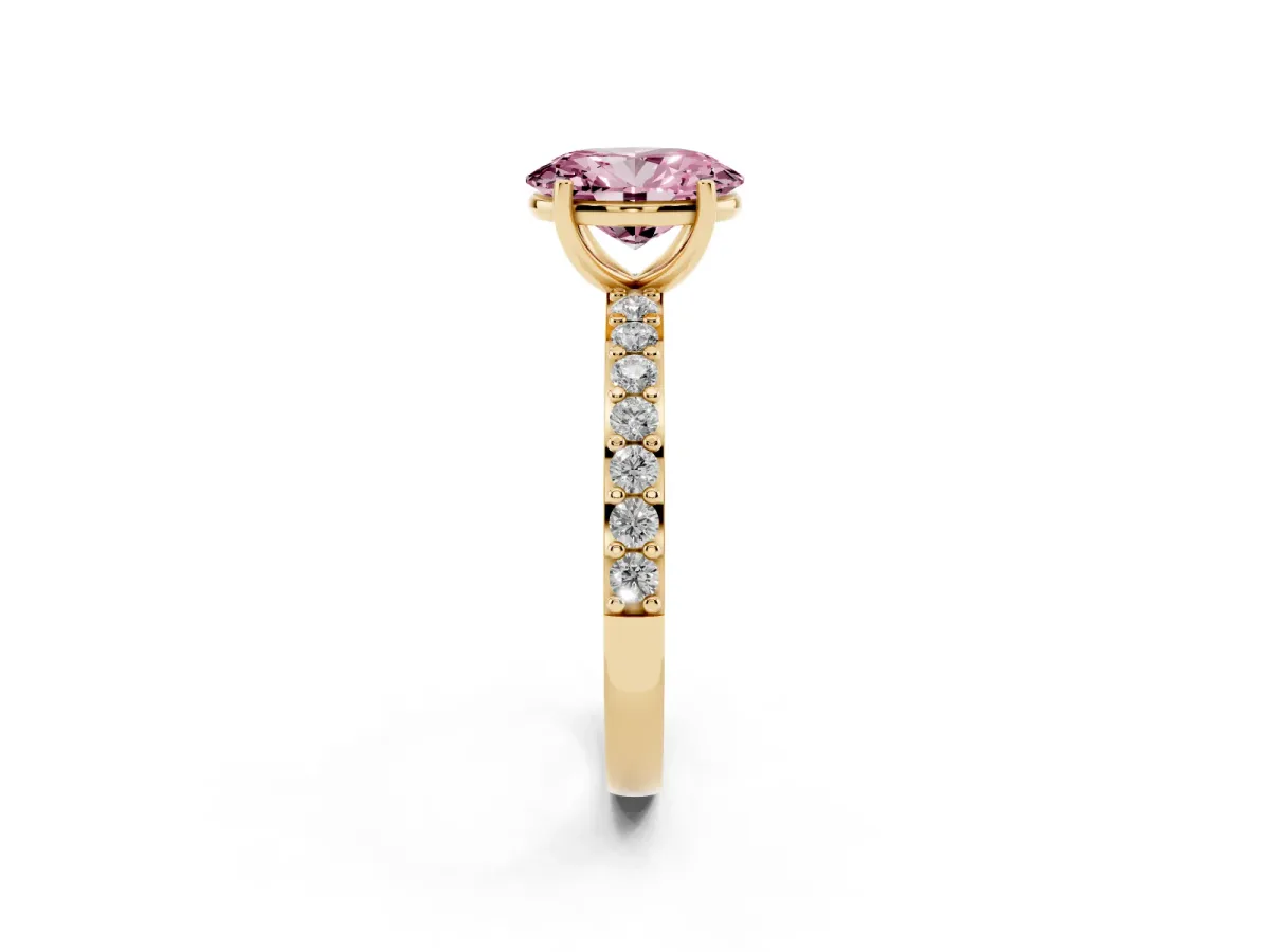 Fancy Pink Oval Cut Cut Diamond Solitaire with Pave Band and Four-Prong Setting Yellow gold