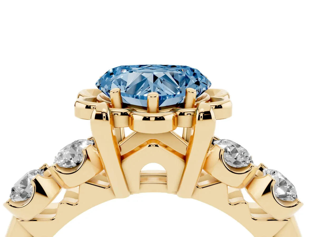 Fancy Blue Heart Cut Cut Diamond Floral Halo Engagement Ring with Shared Prong Setting Yellow gold