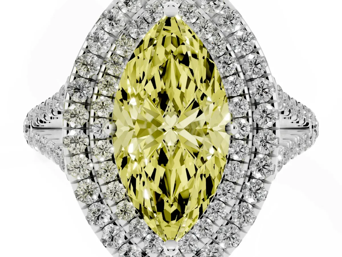 Fancy Yellow Marquise Cut Diamond Double Halo Ring with Pavé Band and Prong Setting Platinum