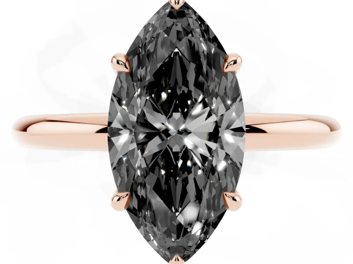 Fancy Black Marquise Cut Diamond Solitaire Ring with Thin Band and Four-Prong Setting Rose gold