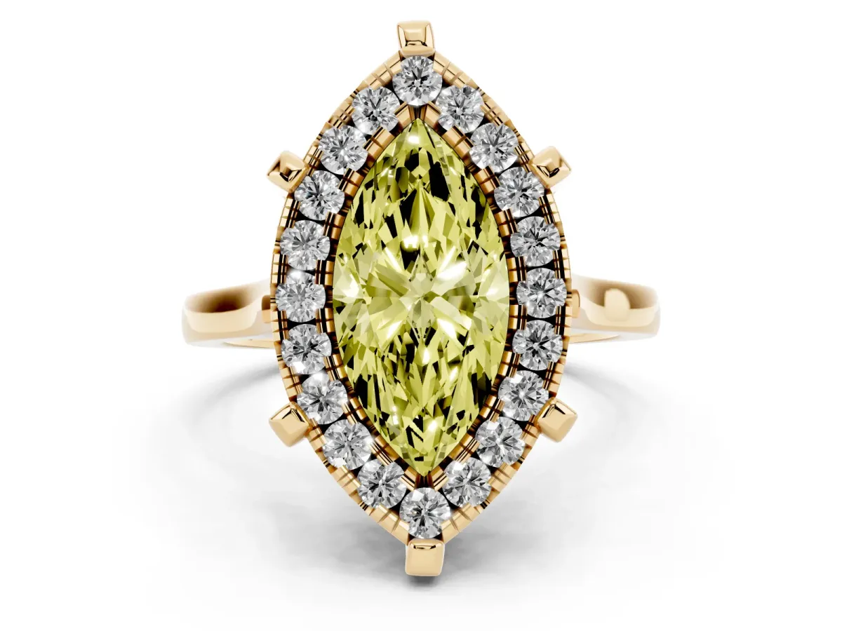 Fancy Yellow Marquise Cut Diamond Cluster Halo Solitaire with Four-Prong Setting Yellow gold