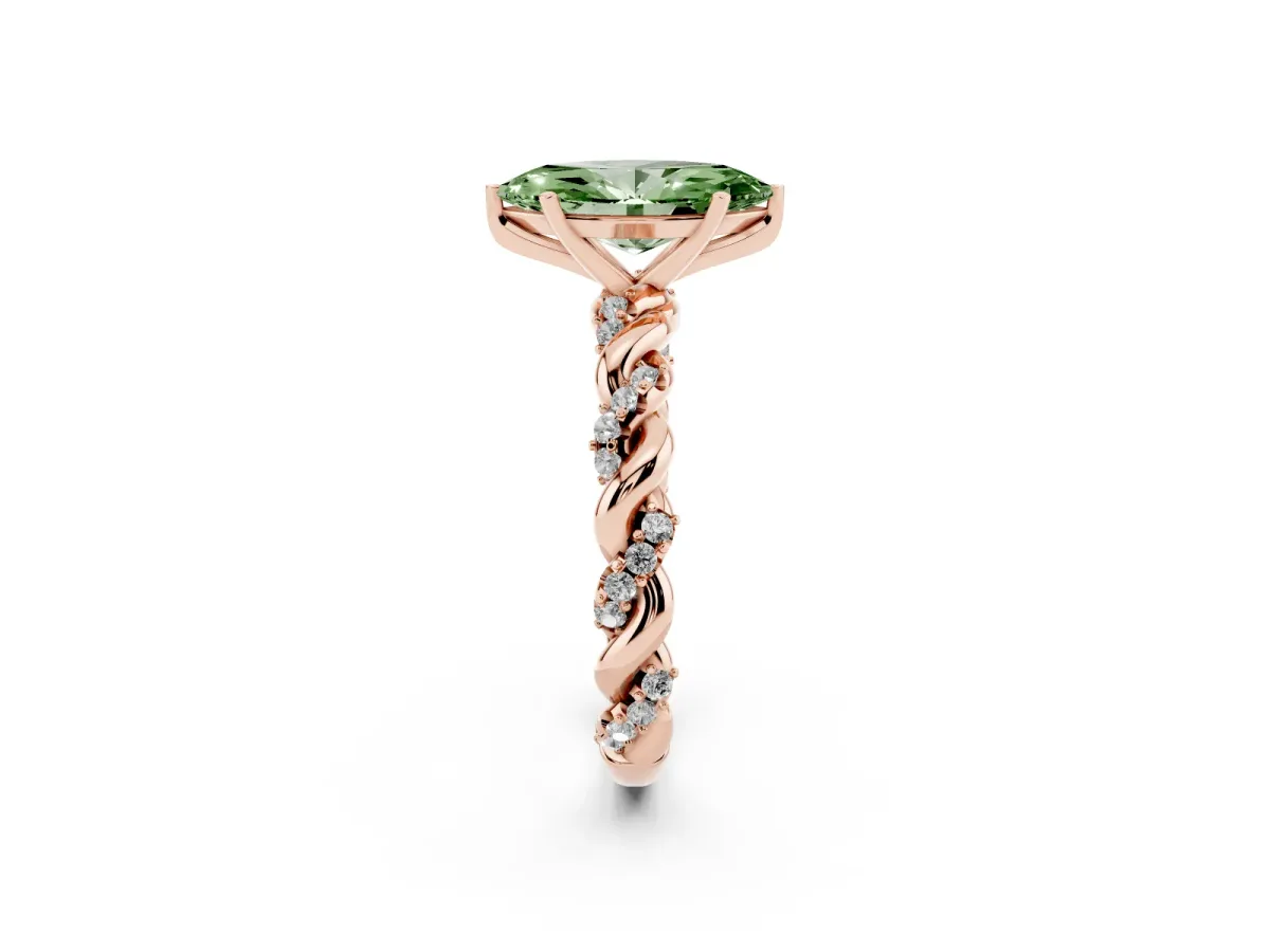 Fancy Green Marquise Cut Diamond Solitaire Ring with Twisted Band and Pavé Accents Rose gold