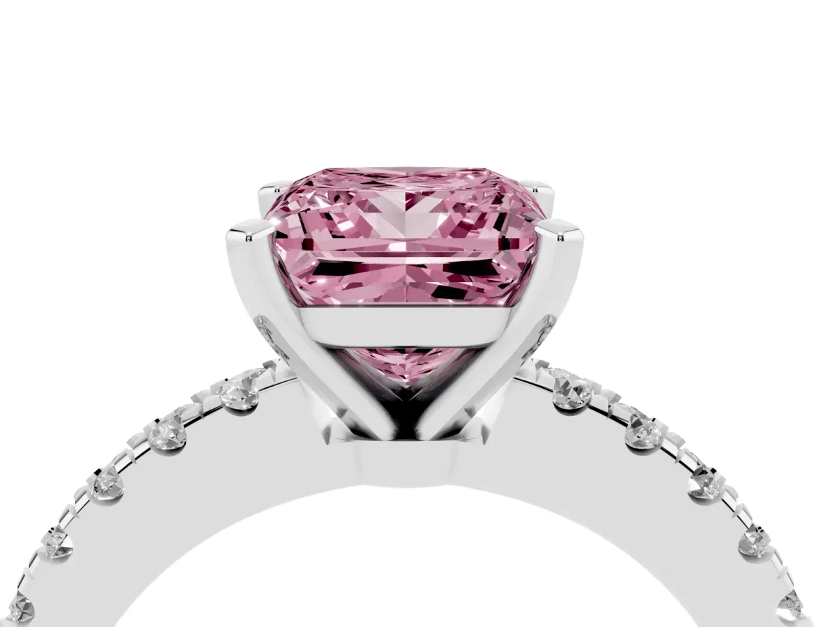 Fancy Pink Princess Cut Solitaire Diamond with Pavé Band and Four-Prong Setting Silver