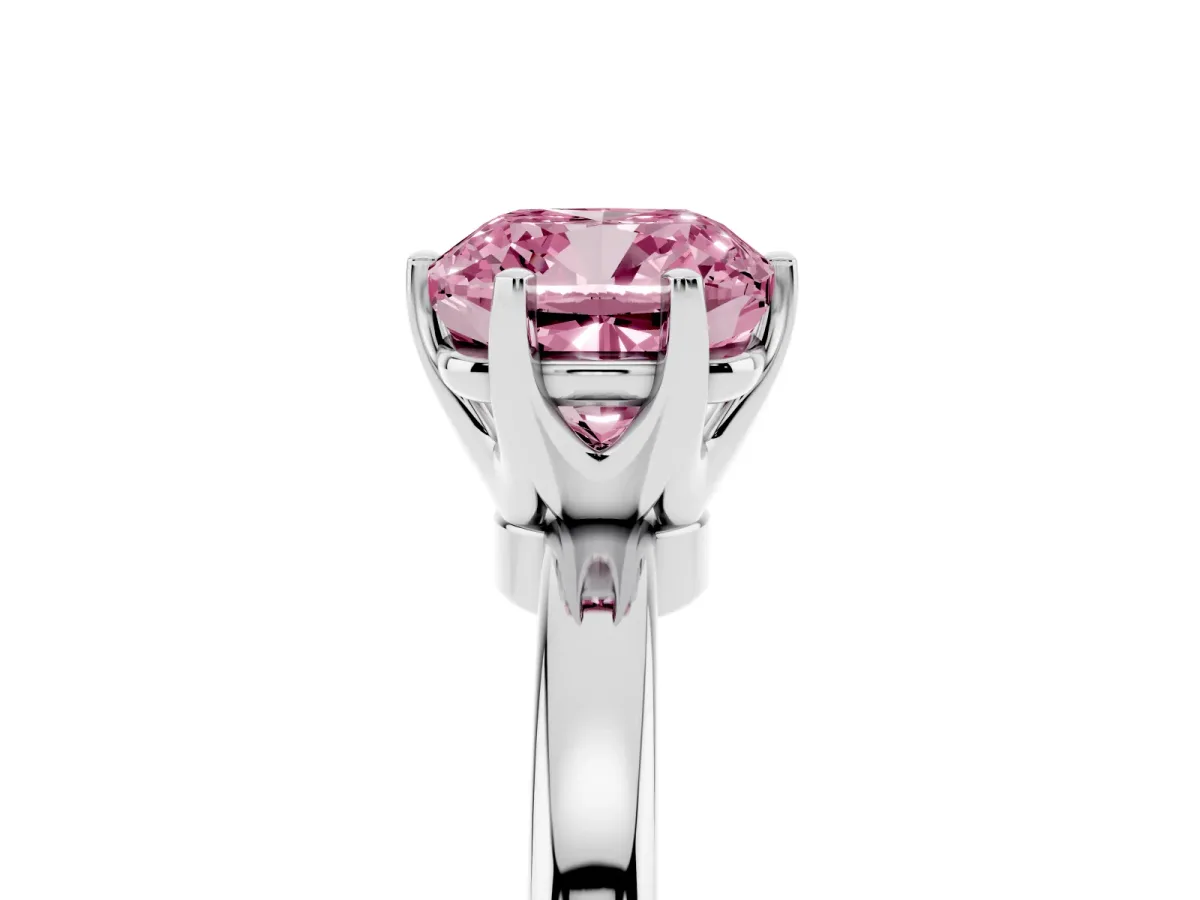 Fancy Pink Cushion Cut Solitaire Diamond Ring with Six-Prong Setting on a Classic Band Silver