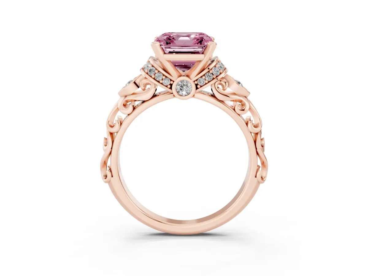 Fancy Pink Asscher Cut Diamond Solitaire Ring with Filigree Band and Four-Prong Setting Rose gold