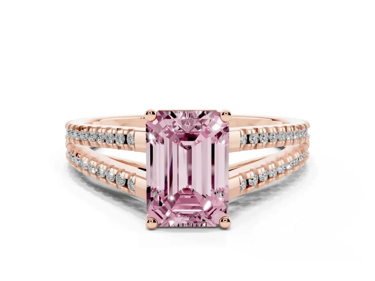 Fancy Pink Emerald Cut Diamond Solitaire Engagement Ring with Split Shank Pavé Band Rose gold