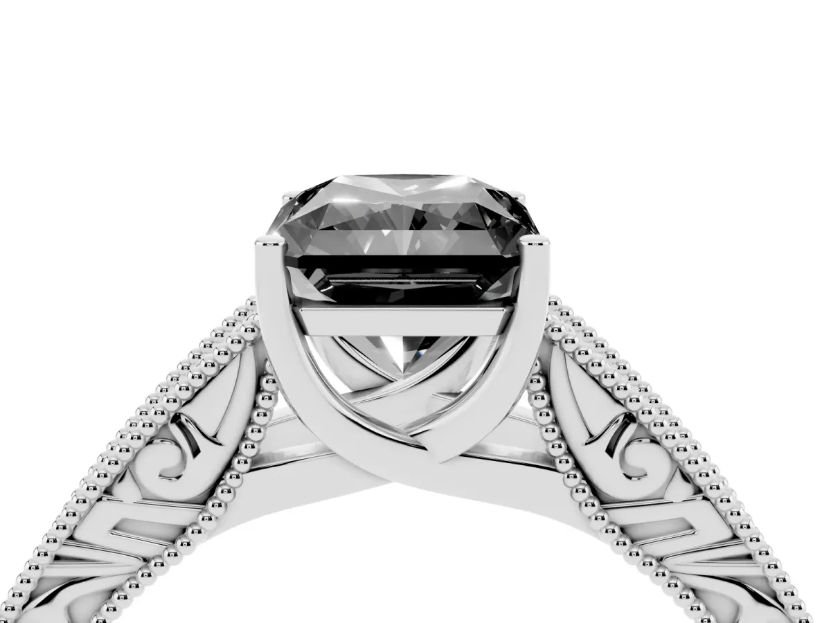 Fancy Black Radiant Cut Diamond Solitaire Ring with Engraved Band and Four-Prong Setting Platinum