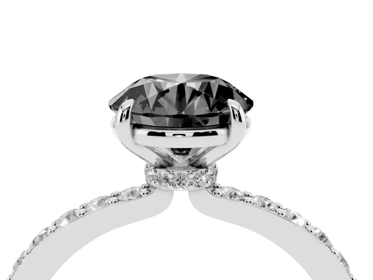 Fancy Black Round Cut Diamond Pavé Engagement Ring with Round Accents and Prong Setting Silver
