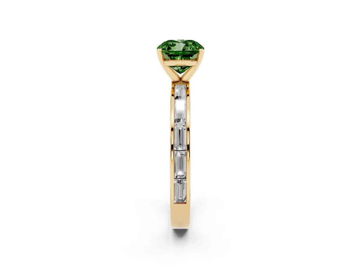 Fancy Green Cushion Cut Solitaire Diamond Ring with Channel-Set Baguette Band and Four-Prong Setting Yellow gold