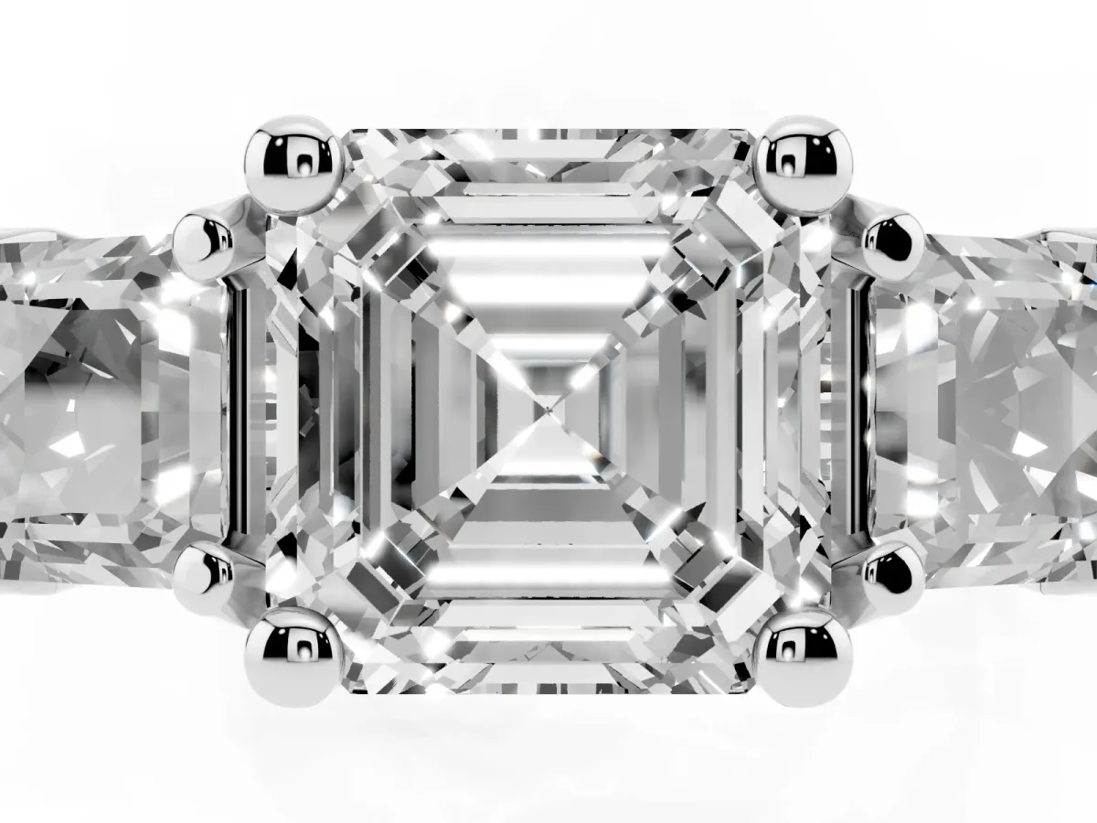 Asscher Cut Diamond Three-Stone Ring with Channel Set Band and Four-Prong Setting Silver