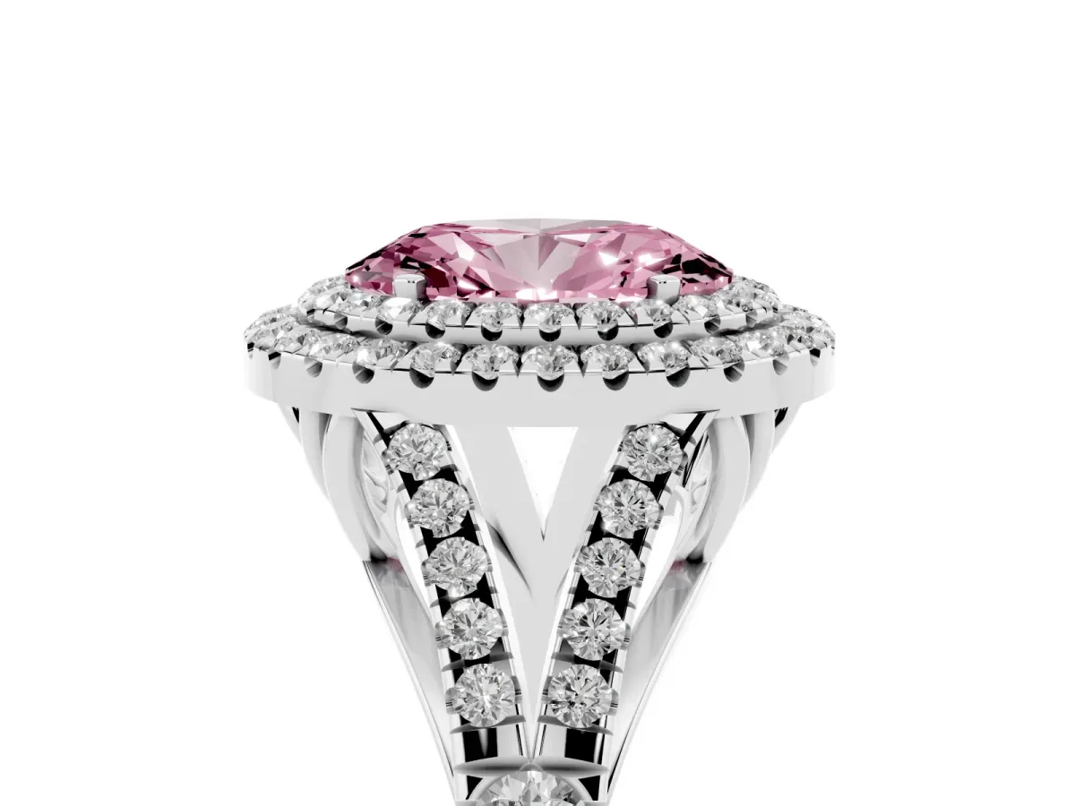 Fancy Pink Oval Cut Diamond Pavé Split Shank Double Halo Engagement Ring Silver