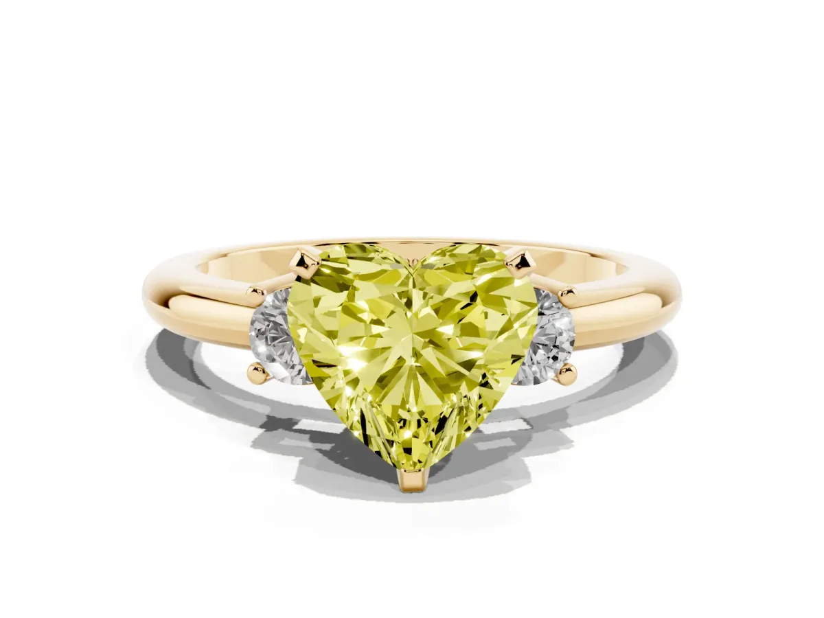 Fancy Yellow Three-Stone Heart Cut Cut Diamond Solitaire with Prong Setting and Classic Band Yellow gold