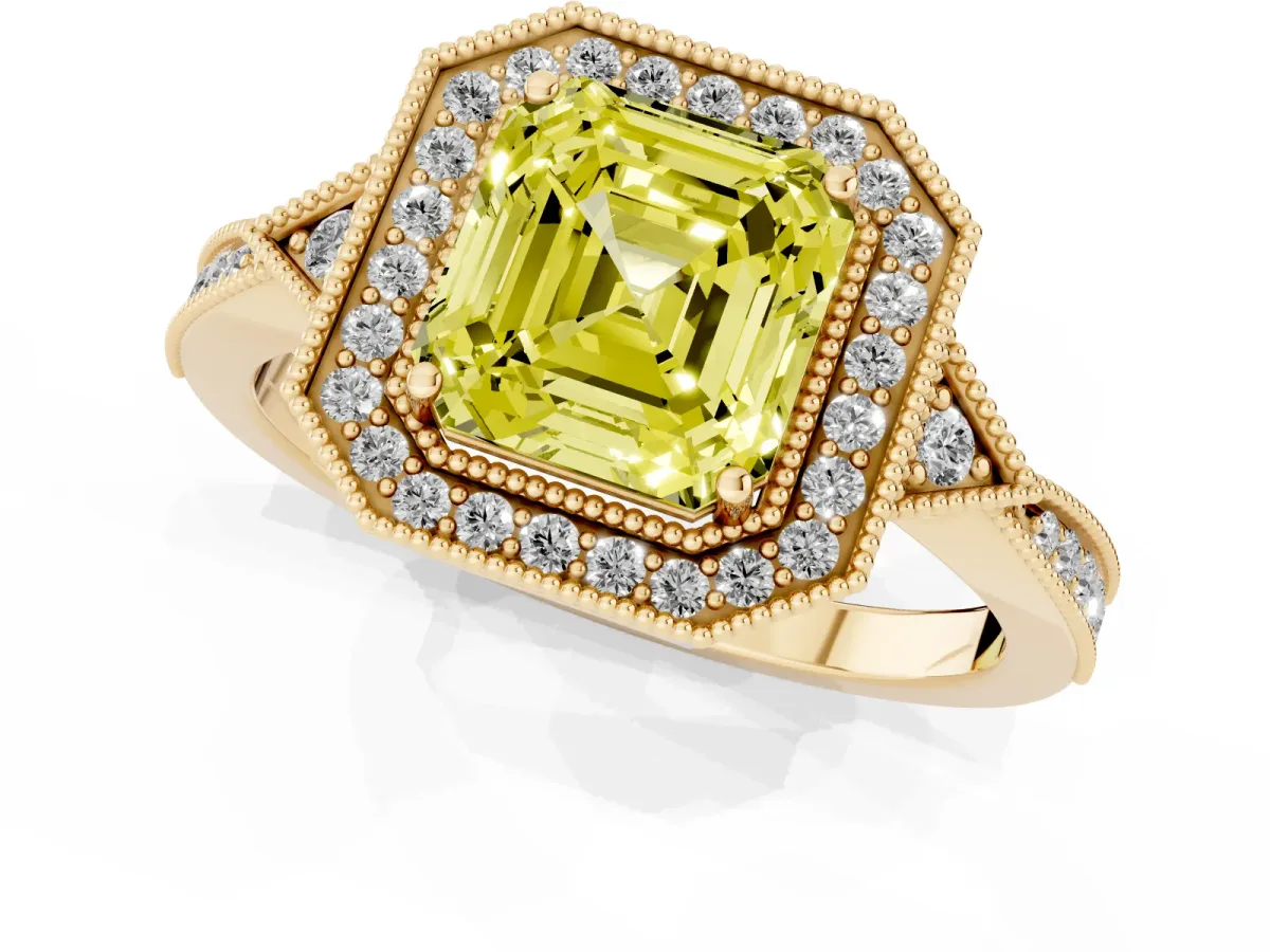 Fancy Yellow Asscher Cut Halo Round Diamond Milgrain Pave Engagement Ring Yellow gold