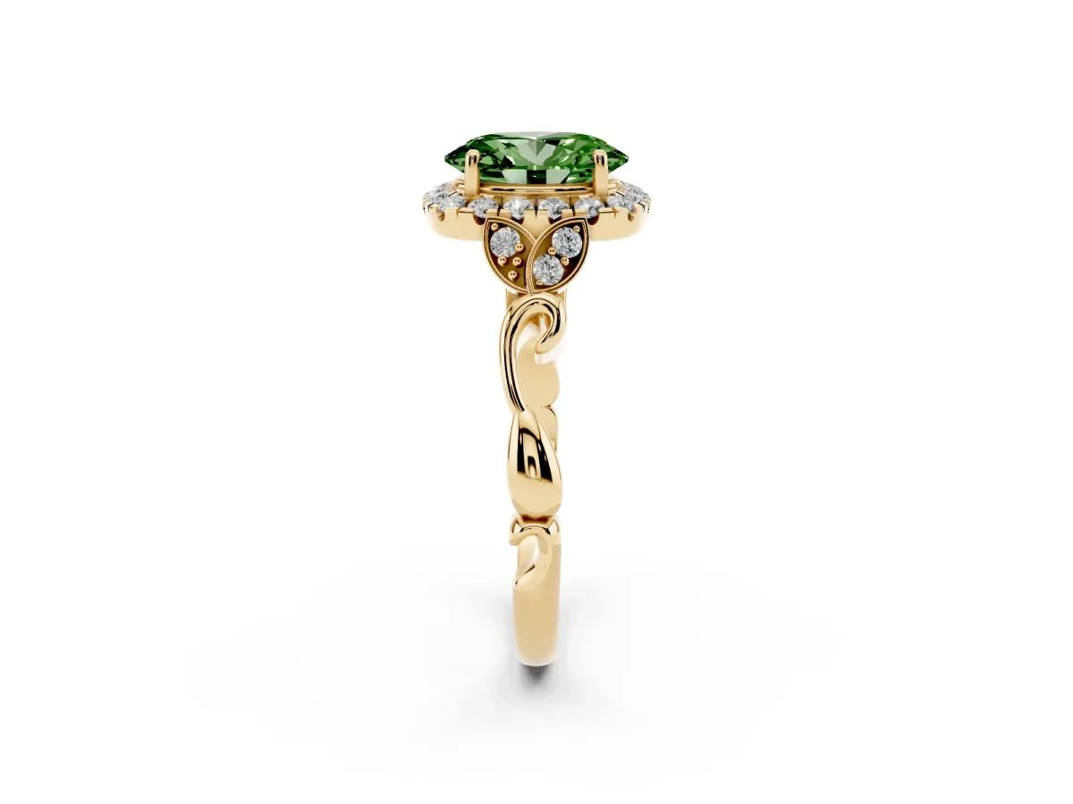 Fancy Green Oval Cut Halo Diamond Engagement Ring with Vintage-Inspired Band and Four-Prong Setting Yellow gold