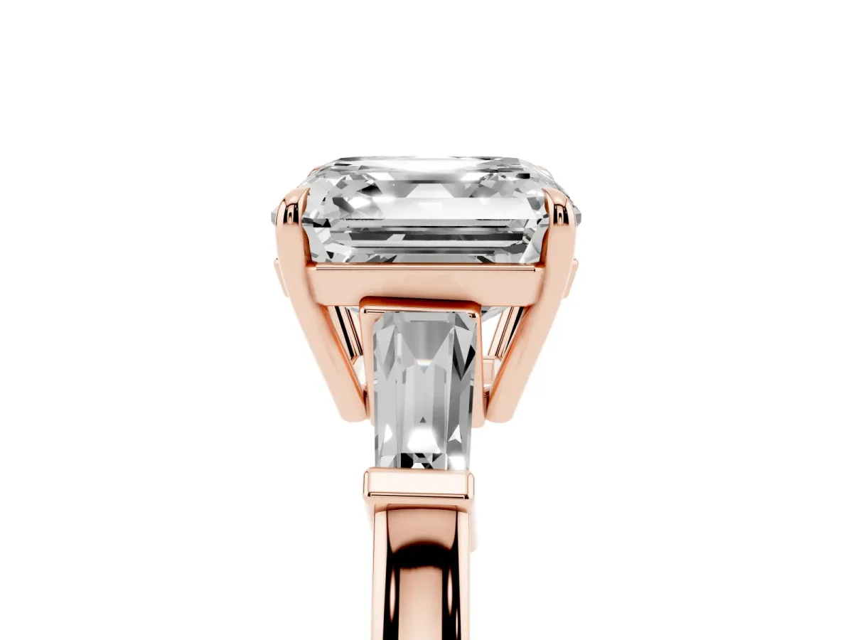 Asscher Cut Diamond Three-Stone Ring with Tapered Baguette Side Stones and Prong Setting Rose gold